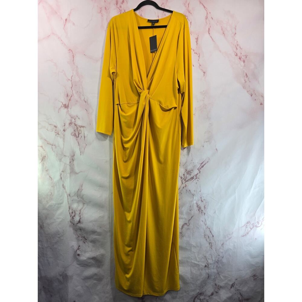 Eloquii Dress Womens 24 3X Yellow Midi Maxi Long Sleeve Twist Plunge Liquid Knit